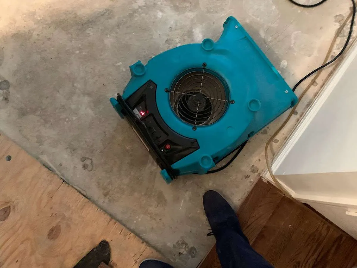 Air mover drying subfloor during Leak Detection & Repair in Hartsville